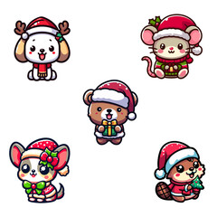 Pack stickers animals christmas, stickers animals christmas pet  mascot cartoon santa hat