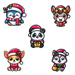 Fototapeta premium Pack stickers animals christmas, stickers animals christmas pet mascot cartoon santa hat