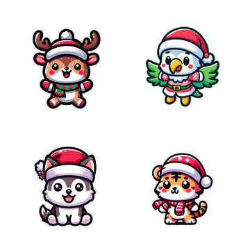 Pack stickers animals christmas, stickers animals christmas pet  mascot cartoon santa hat