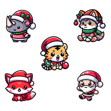 Pack stickers animals christmas, stickers animals christmas pet  mascot cartoon santa hat