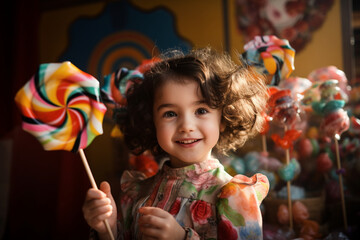 Fototapeta na wymiar Lollipop Whirl- Child with Colorful Candy Creation