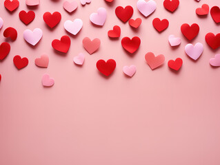 Happy Valentines day, Stylish pink and red hearts flat lay on pink paper. Generative Ai