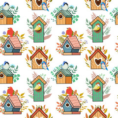 Hand drawn cute bird house, vector illustration art. Seamless pattern.