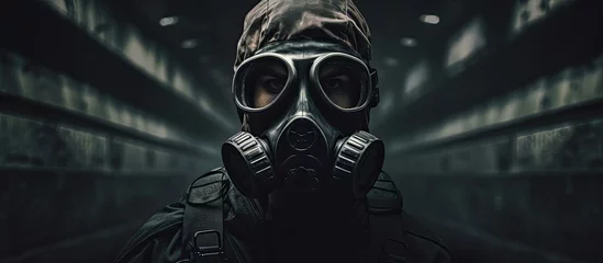 Deurstickers Soldier wearing gas mask for nuclear war in underground. © AkuAku