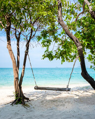 a swing under a tree at the beach of Ko Kham Island Sattahip Chonburi Samaesan Thailand a tropical island with turqouse colored ocen