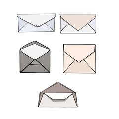 Illustration of a set of envelopes on a white background. Outline realistic open and closed envelopes on a white background for coloring