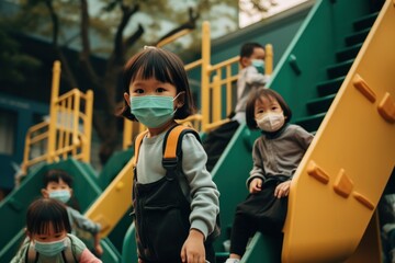 Fototapeta na wymiar Children wearing masks playing at playground