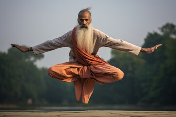 Yoga master levitating floating off the ground while meditating