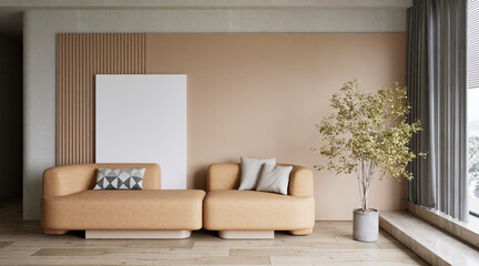 living room interior with sofa and decorative tree, mockup frame 