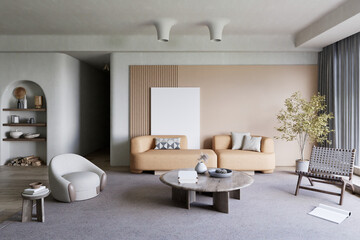 interior of living room with sofa and table, mockup frame  on wall