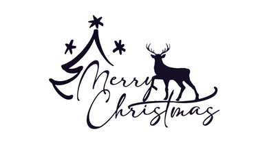 merry christmas text vector design christmas tree and reindeer silhouette 