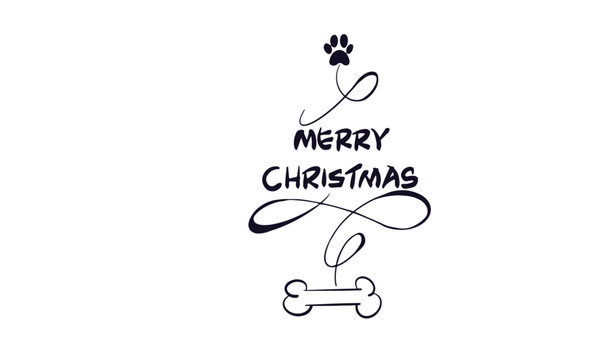 vector of merry christmas text with canine design, christmas tree with paw and bone 
