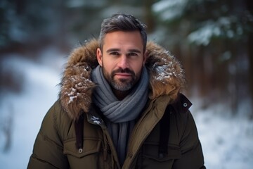 Handsome bearded man in the winter forest. Outdoor portrait.