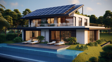 Fototapeta na wymiar Expensive and futuristic home with blue solar