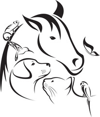 Group of pets - Horse, dog, cat, bird, butterfly, rabbit. Animals. Pet Icon.