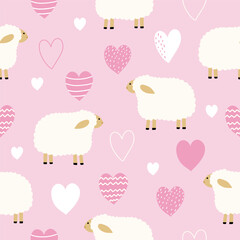 Seamless pattern with cute lamb and hearts for your fabric, children textile, apparel, nursery decoration, gift wrap paper, baby's shirt. Vector illustration