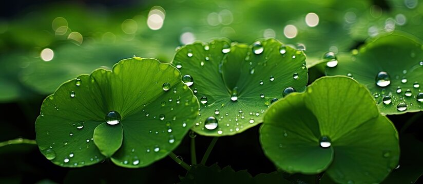 Morning dew and guttation on Centella asiatica leaf.