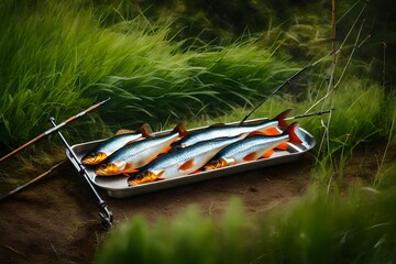 A Metal tray on the grass with fish and a rod