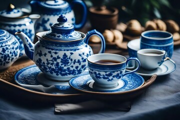 Obraz na płótnie Canvas Blue and white tea sets and tea drinks