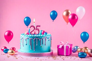 Blue Birthday Cake with party balloons and gift on Pink, 25 years celebration