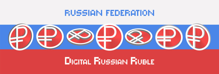 Vector set of 3D round digital Russian ruble emblems in different projections. Coins of the Russian Federation. Collection of icons.