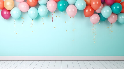 Colorful balloons decoration for birthday celebrations. - obrazy, fototapety, plakaty