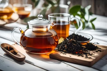 Fototapeten Glass teapot and cup full of fresh black tea on white wooden table © Stone Shoaib