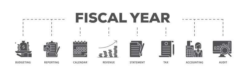 Fiscal year infographic icon flow process which consists of budgeting, reporting, calendar, revenue, statement, tax, accounting, audit icon live stroke and easy to edit 