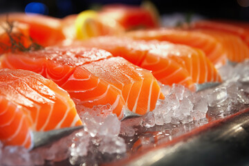 The freshest steak or fillet of fresh Atlantic salmon with herbs. Fresh fish chilled in ice....