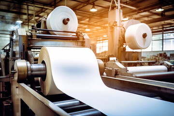 Equipment for paper production. Large plant for the production of paper and cardboard. Modern equipment. - obrazy, fototapety, plakaty
