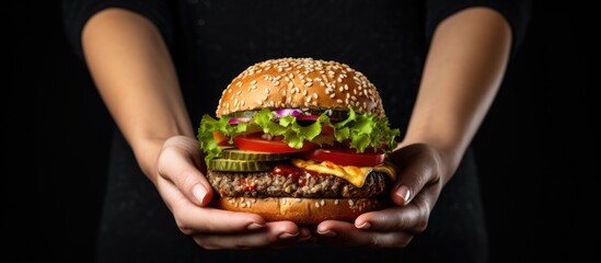 Plant-based meat burger held by female hands on a black table.