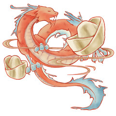 Red Chinese Dragon With Chinese Gold On The Air, Luna New Year 2024 Element Art
