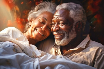 A loving dark-skinned elderly couple, a man and a woman, are lying in bed. Love and romance. Family idyll. Happy morning for lovers. Valentine's Day.