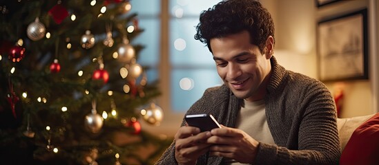 Hispanic man at home during Christmas, sitting by decorated tree, shopping online with credit card and phone.