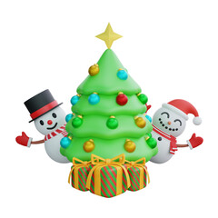 3D illustration of Christmas Tree with Snowman and Presents. Christmas decoration design