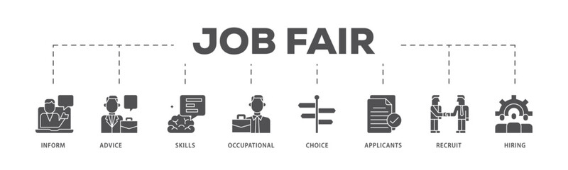 Job fair infographic icon flow process which consists of the information, advice, skills, occupational, applicants, recruit, and hiring icon live stroke and easy to edit 