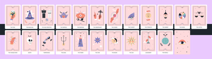 Tarot cards deck. Major arcana set. Hand drawn trendy vector illustration. - 686984743