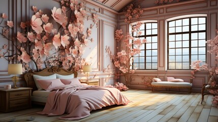 cozy funky luxurious interior design of a spacious bedroom with king size bed, colorful walls and textiles, many flowers, bright botanical decorative elements and paintings. ethno-inspired style