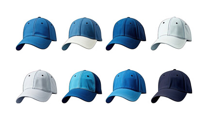 Set of Blue Sports Caps Isolated on Transparent or White Background, PNG