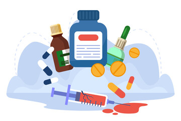 Broken syringe and pills in bottles vector illustration. Drug treatment, medicine for drug addiction concept - obrazy, fototapety, plakaty