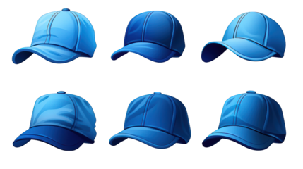 Set of Blue Sports Caps Isolated on Transparent or White Background, PNG
