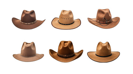 Set of Brown Cowboy Hats Isolated on Transparent or White Background, PNG
