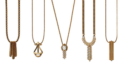 Set of Gold Chain Necklaces Isolated on Transparent or White Background, PNG