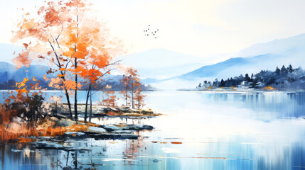 Autumn landscape with lake and mountains in watercolor style.