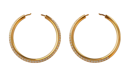 Set of Gold Hoop Earrings Isolated on Transparent or White Background, PNG