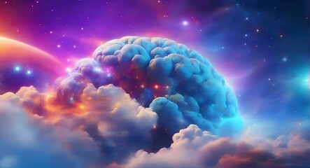 4K view of brain wallpaper in bright sky galaxy and interplanetary brain thinking and space galaxy cloud.