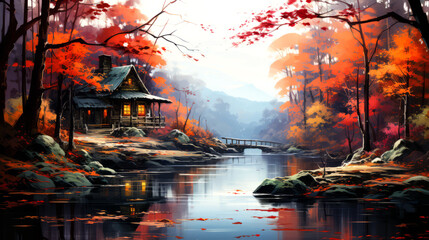 Autumn landscape with traditional wooden houses and rivers.