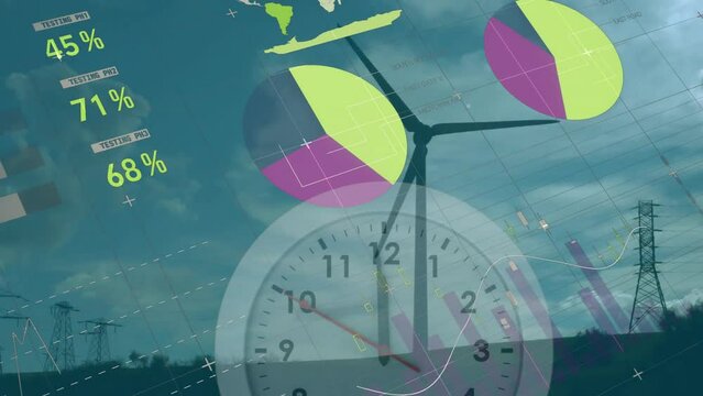 Animation of statistic charts over wind turbine in field