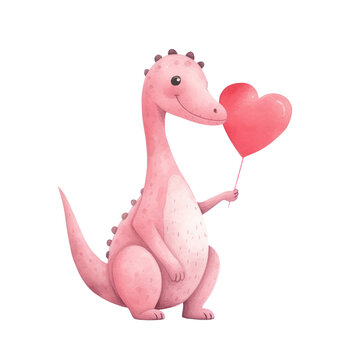 Watercolor of valentine's day dinosaur, love dino isolated on background. © yelosole