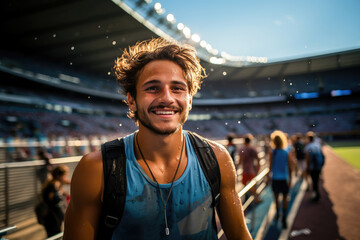 Young smiling athlete in sportswear with a backpack standing in a sunlit stadium after a workout or event.